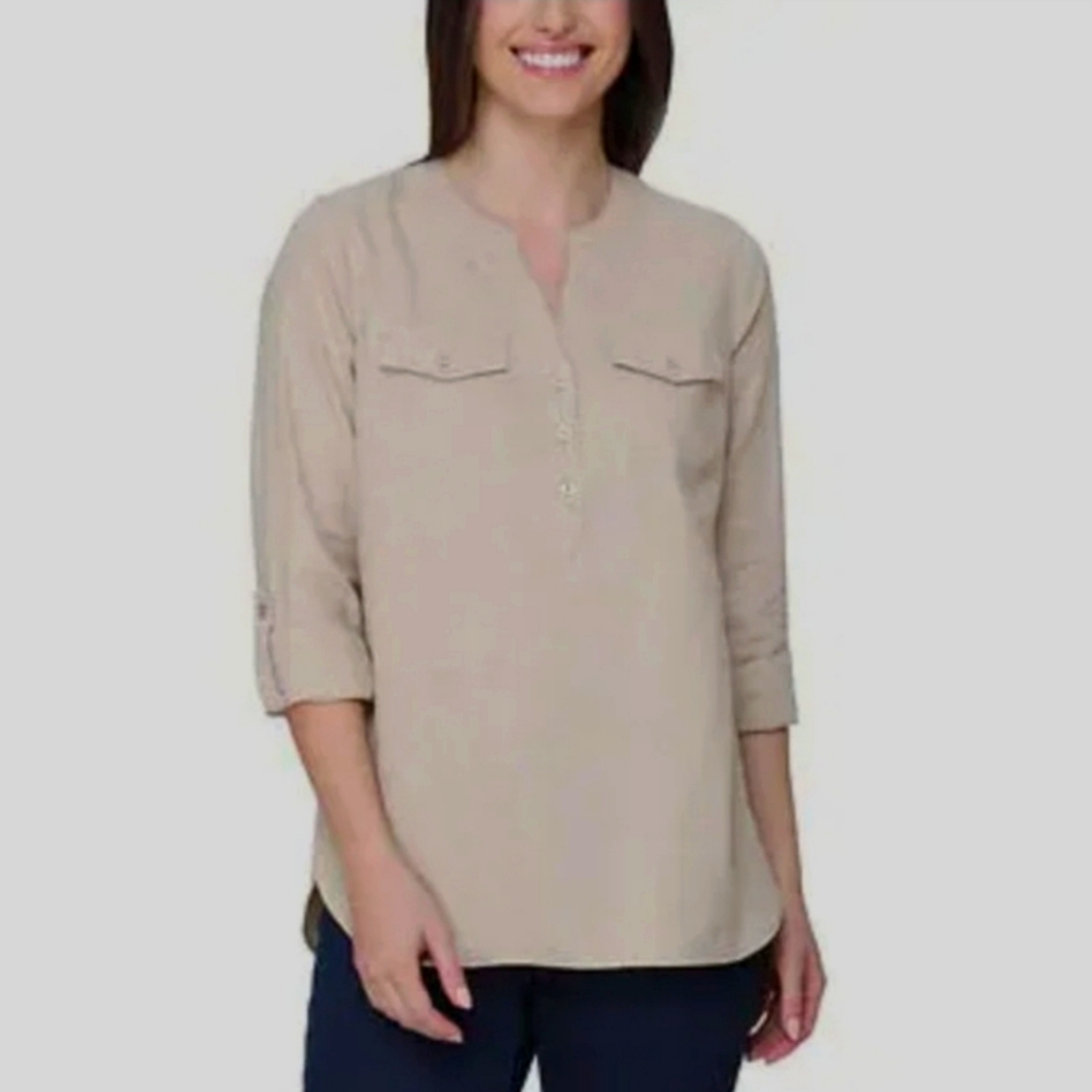 TAHARI - Women's Roll Tab Sleeve Linen Blend Tan Blouse Medium